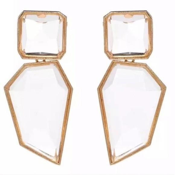 Gold statement earrings Oversized crystal clear geometric cocktail prom 💖 - Picture 11 of 16